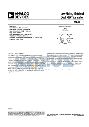 MAT03AH datasheet - Low Noise, Matched Dual PNP Transistor