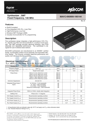 MAVC-060000-100144 datasheet - Synthesizer , SMT Fixed Frequency, 144 MHz