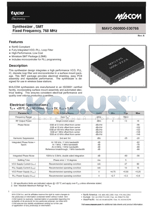 MAVC-060000-530768 datasheet - Synthesizer , SMT Fixed Frequency, 768 MHz