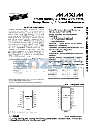 MAX1026 datasheet - 10-Bit 300ksps ADCs with FIFO, Temp Sensor, Internal Reference