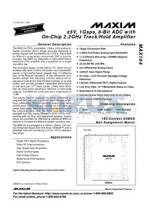 MAX104CHC datasheet - a5V, 1Gsps, 8-Bit ADC with On-Chip 2.2GHz Track/Hold Amplifier