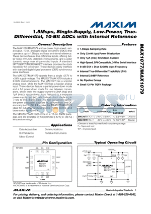 MAX1077 datasheet - 1.5Msps, Single-Supply, Low-Power, True-Differential, 10-Bit ADCs with Internal Reference