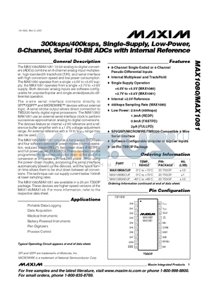 MAX1080BEUP datasheet - 300ksps/400ksps, Single-Supply, Low-Power, 8-Channel, Serial 10-Bit ADCs with Internal Reference