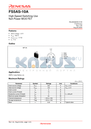 FS5AS-10A datasheet - High-Speed Switching Use Nch Power MOS FET