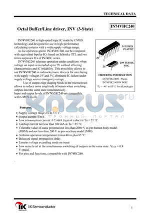 IN74VHC240 datasheet - Octal Buffer/Line driver, INV (3-State)