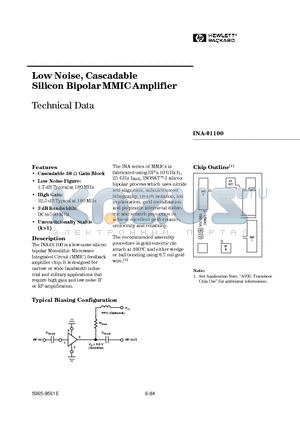 INA-01100 datasheet - Low Noise, Cascadable Silicon Bipolar MMIC Amplifier