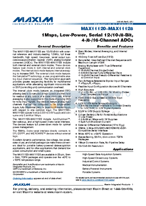 MAX11120 datasheet - 1Msps, Low-Power, Serial 12-/10-/8-Bit, 4-/8-/16-Channel ADCs