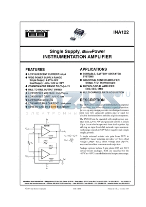 INA122 datasheet - Single Supply, MicroPower INSTRUMENTATION AMPLIFIER