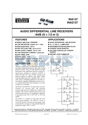 INA137 datasheet - AUDIO DIFFERENTIAL LINE RECEIVERS a6dB G = 1/2 or 2