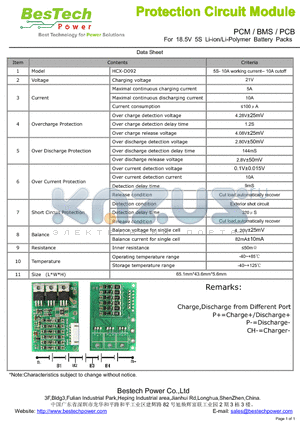 PCM datasheet - For 18.5V 5S Li-ion/Li-Polymer Battery Packs