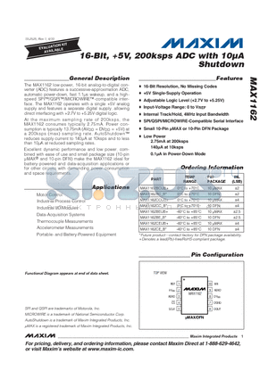 MAX1162 datasheet - 16-Bit, 5V, 200ksps ADC with 10lA Shutdown