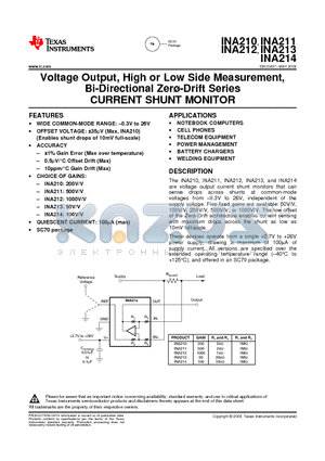 INA212 datasheet - Voltage Output, High or Low Side Measurement, Bi-Directional Zer-Drift Series CURRENT SHUNT MONITOR