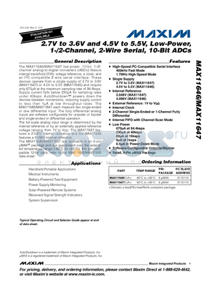 MAX11646EUA+ datasheet - 2.7V to 3.6V and 4.5V to 5.5V, Low-Power, 1-/2-Channel, 2-Wire Serial, 10-Bit ADCs