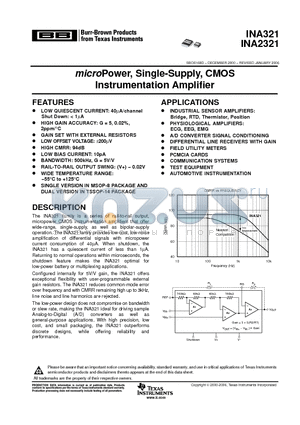 INA2321EA/2K5G4 datasheet - microPower, Single-Supply, CMOS Instrumentation Amplifier