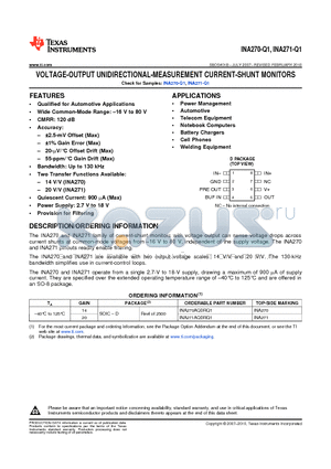 INA270AQDRQ1 datasheet - VOLTAGE-OUTPUT UNIDIRECTIONAL-MEASUREMENT CURRENT-SHUNT MONITORS