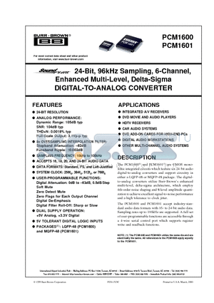 PCM1600 datasheet - 24-Bit, 96kHz Sampling, 6-Channel, Enhanced Multi-Level, Delta-Sigma DIGITAL-TO-ANALOG CONVERTER