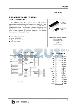 INA3010N datasheet - INFRARED REMOTE CONTROL TRANSMITTER RC-5