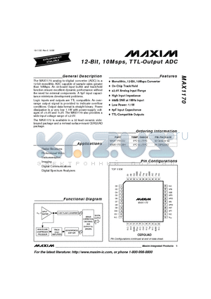 MAX1170CBH datasheet - 12-Bit, 10Msps, TTL-Output ADC