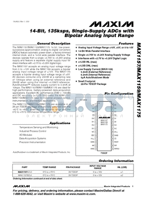 MAX1175BCUI datasheet - 14-Bit, 135ksps, Single-Supply ADCs with Bipolar Analog Input Range