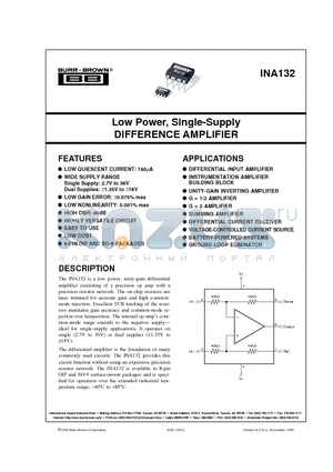 INA132UA datasheet - Low Power, Single-Supply DIFFERENCE AMPLIFIER