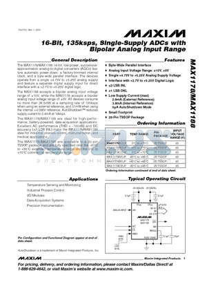 MAX1178 datasheet - 16-Bit, 135ksps, Single-Supply ADCs with Bipolar Analog Input Range