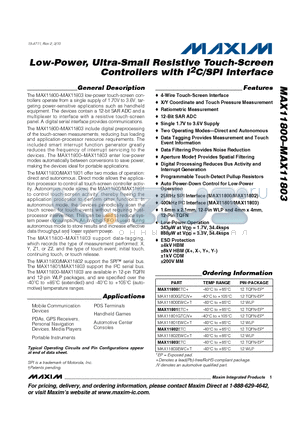 MAX11803 datasheet - Low-Power, Ultra-Small Resistive Touch-Screen Controllers with I2C/SPI Interface