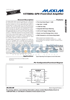 MAX12000 datasheet - 1575MHz GPS Front-End Amplifier
