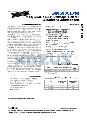 MAX1219 datasheet - 1.8V, Dual, 12-Bit, 210Msps ADC for Broadband Applications