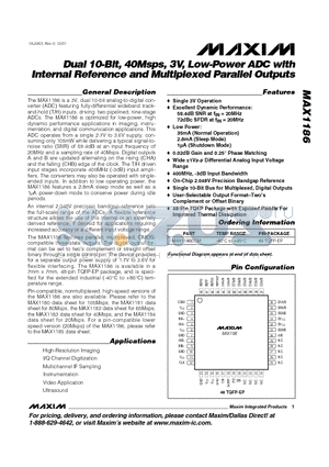 MAX1186 datasheet - Dual 10-Bit, 40Msps, 3V, Low-Power ADC with Internal Reference and Multiplexed Parallel Outputs