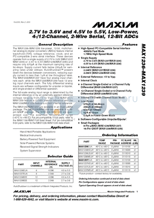 MAX1238EEE datasheet - 2.7V to 3.6V and 4.5V to 5.5V, Low-Power, 4-/12-Channel, 2-Wire Serial, 12-Bit ADCs