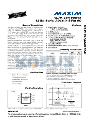 MAX1240BESA+ datasheet - 2.7V, Low-Power, 12-Bit Serial ADCs in 8-Pin SO