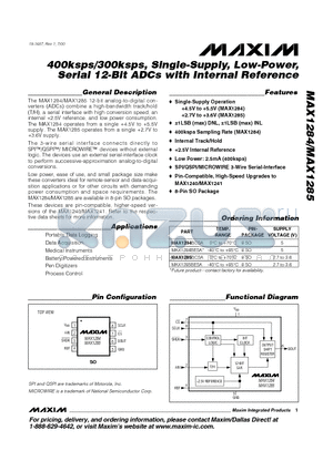 MAX1284 datasheet - 400ksps/300ksps, Single-Supply, Low-Power, Serial 12-Bit ADCs with Internal Reference