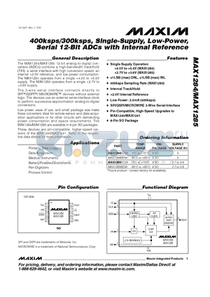 MAX1284BCSA datasheet - 400ksps/300ksps, Single-Supply, Low-Power, Serial 12-Bit ADCs with Internal Reference