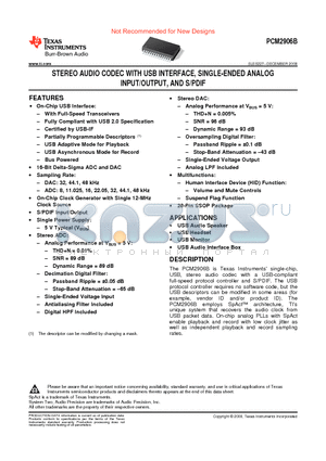 PCM2906BDBR datasheet - STEREO AUDIO CODEC WITH USB INTERFACE, SINGLE-ENDED ANALOG INPUT/OUTPUT, AND S/PDIF