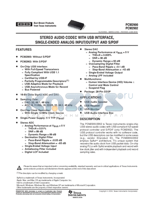 PCM2902 datasheet - STEREO AUDIO CODEC WITH USB INTERFACE, SINGLE ENDED ANALOG INPUT/OUTPUT AND S/PDIF