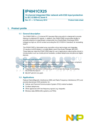 IP4041CX25 datasheet - 10-channel integrated filter network with ESD input protection to IEC 61000-4-2 level 4