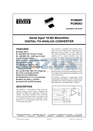 PCM56U datasheet - Serial Input 16-Bit Monolithic DIGITAL-TO-ANALOG CONVERTER