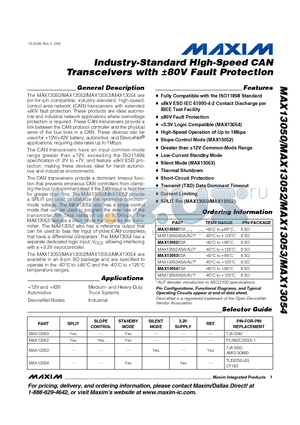 MAX13052ESA datasheet - Industry-Standard High-Speed CAN Transceivers with a80V Fault Protection