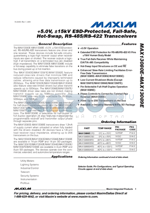 MAX13080ECPD datasheet - 5.0V, 15kV ESD-Protected, Fail-Safe, Hot-Swap, RS-485/RS-422 Transceivers