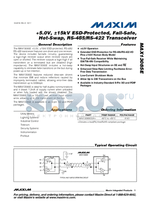 MAX13085EESA+ datasheet - 5.0V, a15kV ESD-Protected, Fail-Safe,Hot-Swap, RS-485/RS-422 Transceiver