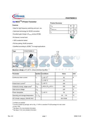 IPA057N08N3G datasheet - OptiMOS(TM)3 Power-Transistor