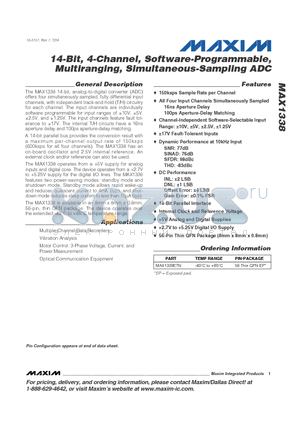 MAX1338ETN datasheet - 14-Bit, 4-Channel, Software-Programmable, Multiranging, Simultaneous-Sampling ADC