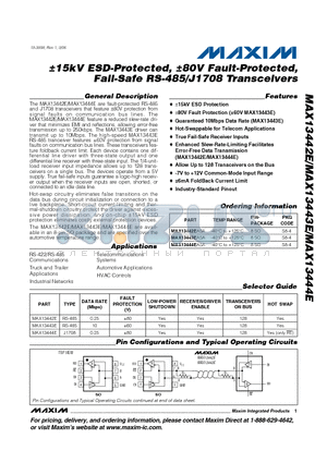 MAX13443E datasheet - a15kV ESD-Protected, a80V Fault-Protected, Fail-Safe RS-485/J1708 Transceivers