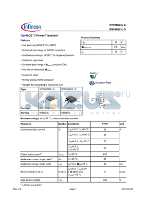 IPB096N03LG datasheet - OptiMOS3 Power-Transistor