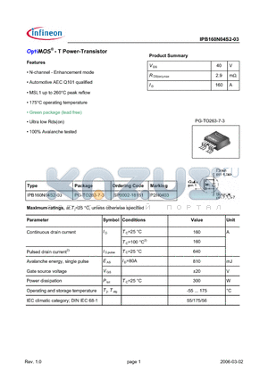 IPB160N04S2-03 datasheet - OptiMOS^ - T Power-Transistor