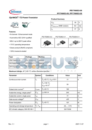 IPB77N06S3-09 datasheet - OptiMOS-T2 Power-Transistor