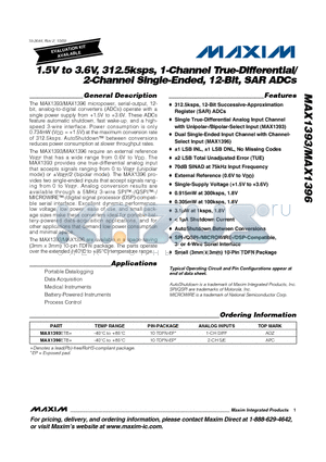 MAX1393 datasheet - 1.5V to 3.6V, 312.5ksps, 1-Channel True-Differential/2-Channel Single-Ended, 12-Bit, SAR ADCs