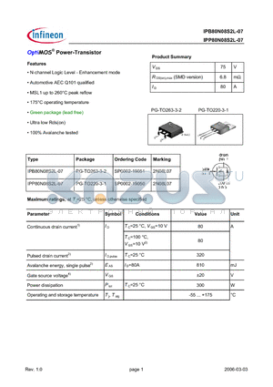 IPB80N08S2L-07 datasheet - OptiMOS^ Power-Transistor