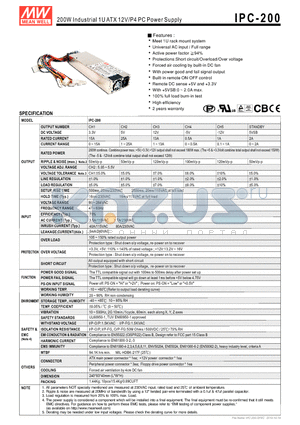 IPC-200 datasheet - 200W Industrial 1U ATX 12V/P4 PC Power Supply