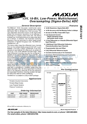 MAX1401 datasheet - 3V, 18-Bit, Low-Power, Multichannel, Oversampling Sigma-Delta ADC